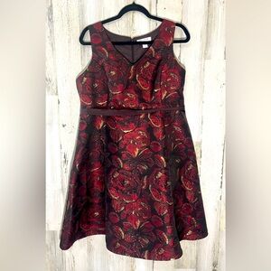 Motherhood Maternity Red Black Gold Floral Party Dress Knee Length Size L